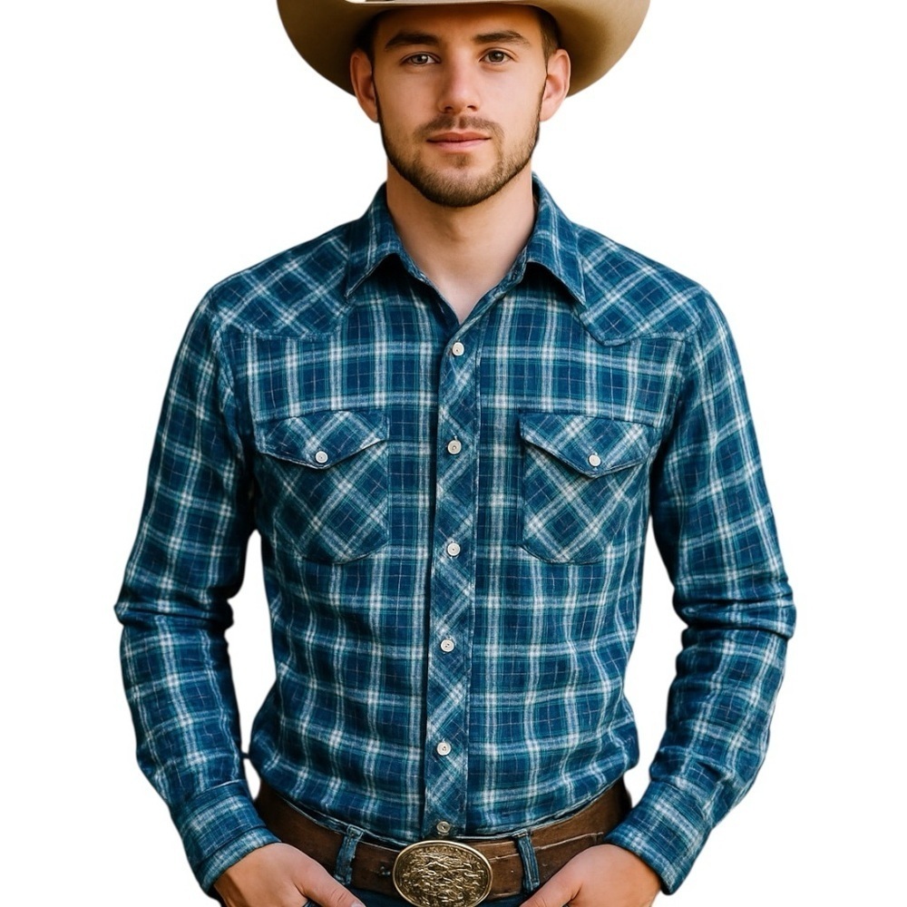 Wrangler Men’s Small Blue Plaid Pearl Snap Shirt Long Sleeve Casual Western